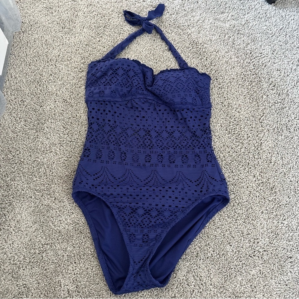 Mossimo Supply Co. Navy Blue Eyelet Lace Crochet One Piece Swimsuit Sz Small